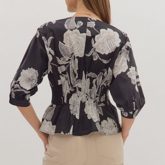 ENTRO BLACK & WHITE FLORAL TOP WITH GOLD ZIPPER - Picture 5 of 7